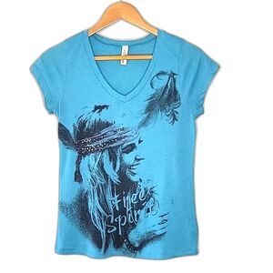 FAIR OAKS Blue Casual V-neck Printed Free Spirit T-shirt size M Studs Feathers